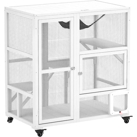 Indoor Cat Catio Enclosure On Wheels With Three Tier Platforms