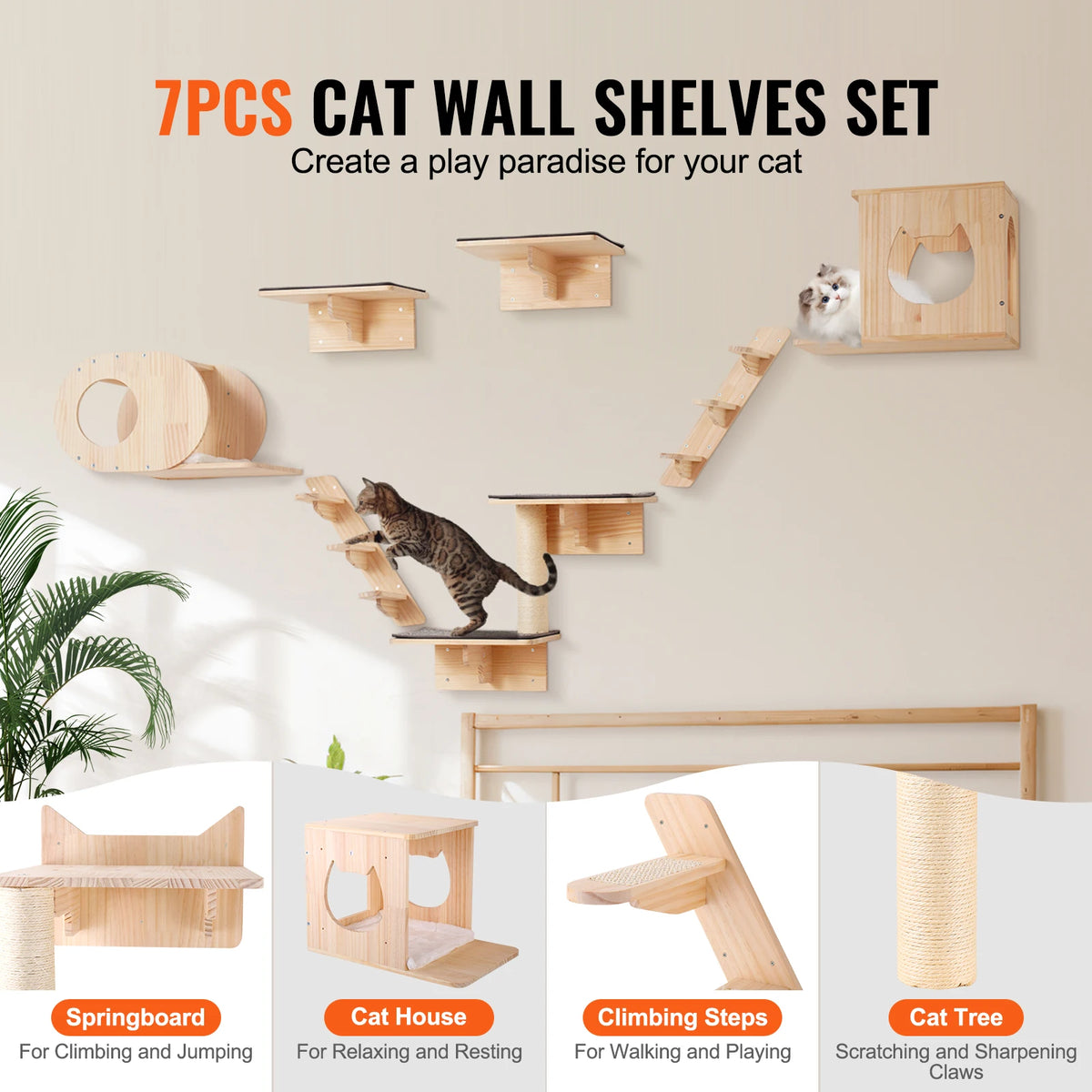 Double Tier Wall Mounted Pine Wood Cat Shelves With Hammock