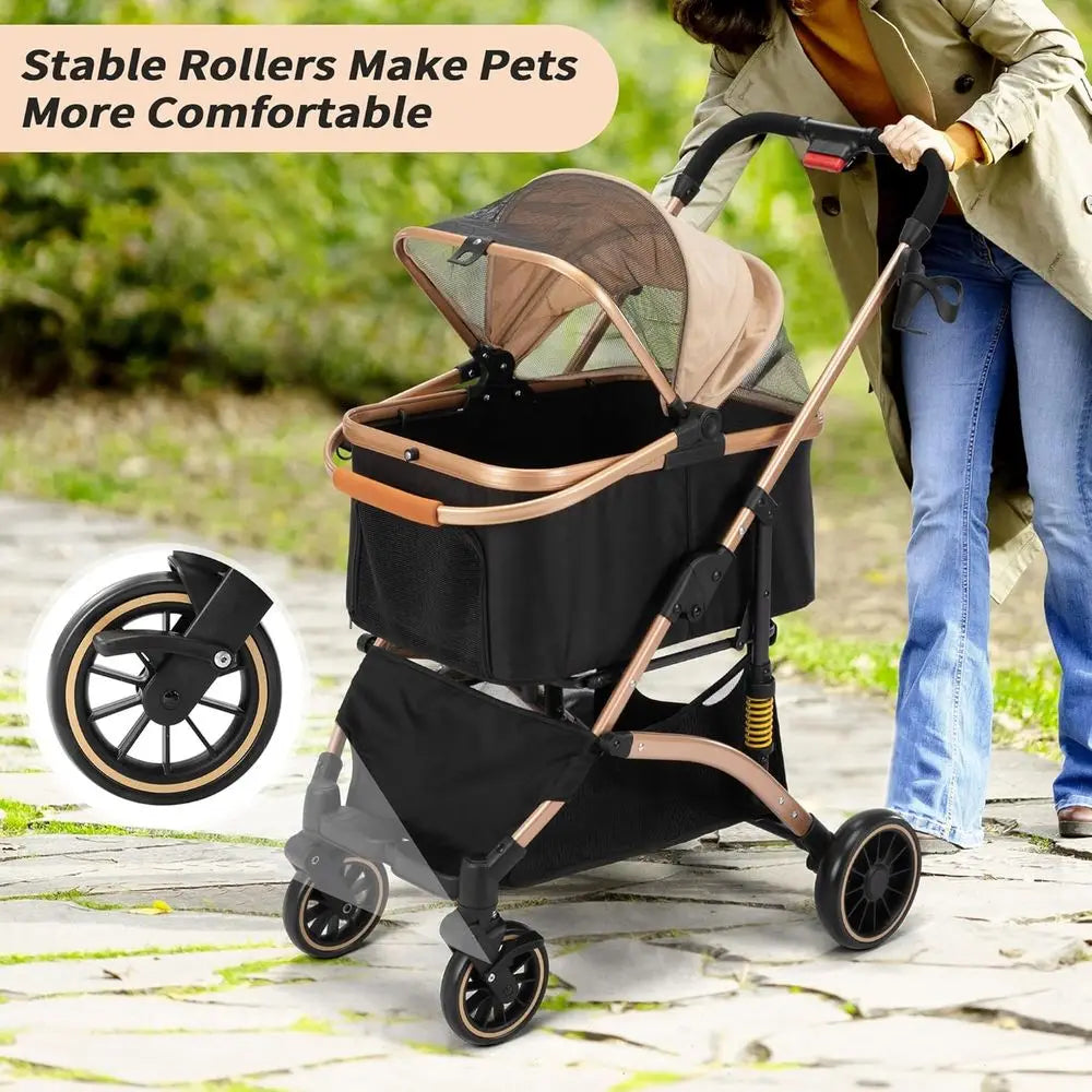 Pet Stroller With Shock Absorbers Removable Cabin And Dual Brakes